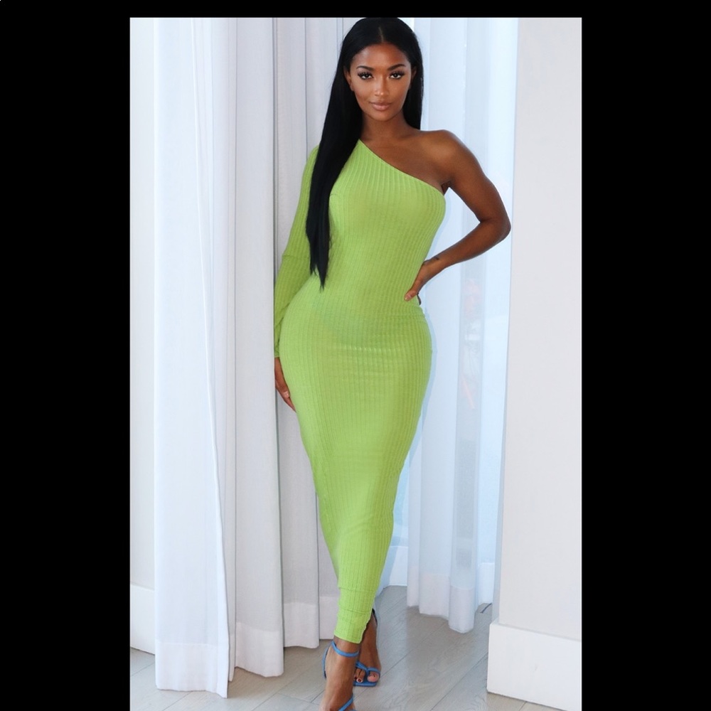 One shoulder Midaxi dress Lime knit